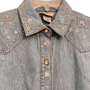 NWT Teddi Western Denim Pearl Button-Up Shirt Floral Embroidery Long Sleeves PS